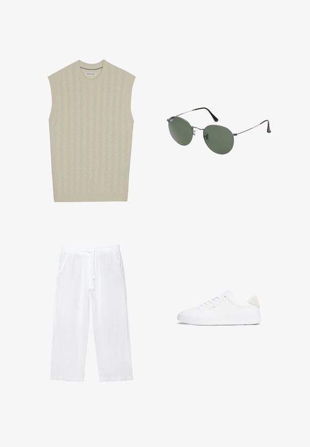 Béžový bezrukávový pletený svetr s copánkovým vzorem. Má vroubkovaný kulatý výstřih a lem. Jemná textura a lehký design.; Bílé lněné zkrácené kalhoty s elastickým pasem, šňůrkou a dvěma bočními kapsami. Hladká textura a lehký design pro pohodlí.; Bílé tenisky s hladkým koženým svrškem, kulatou špičkou, plochou podešví a minimalisticým designem. Obsahují decentní branding a béžový akcent na patě.; Sluneční brýle s kovovým rámem a oválnými zelenými skly. Tenký stříbrný kovový rám a černé chrániče uší. Minimalistický design, žádné viditelné logo.