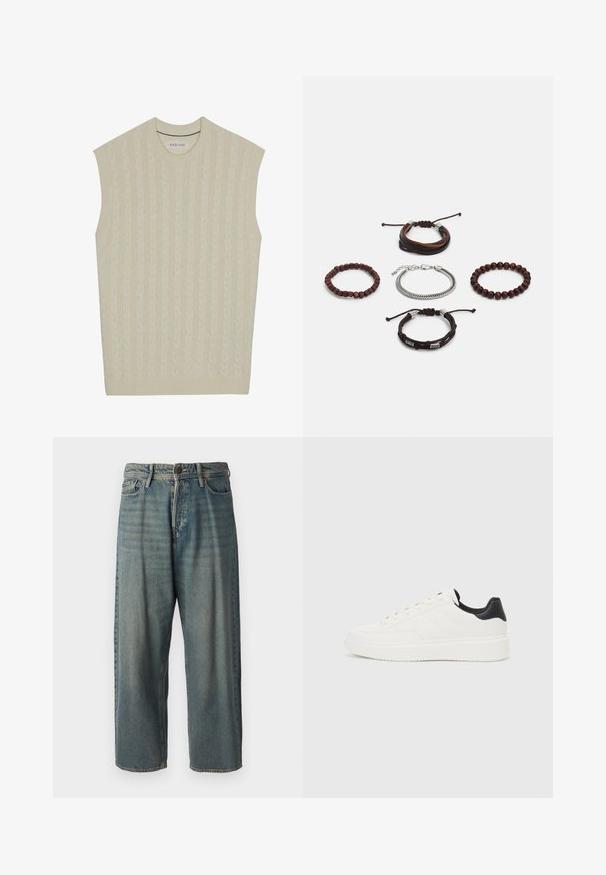 Maglione senza maniche beige lavorato a maglia con motivo a treccia. Presenta un colletto a girocollo a coste e un orlo a coste. Texture morbida e design leggero.; Jeans di denim azzurro chiaro con vestibilità ampia, vita media e gambe dritte. Presenta cinque tasche, passanti per cintura e chiusura con bottone.; Sneaker in pelle bianca con motivo stampato, suola intermedia bianca testurizzata e accentuazione nera sul tallone. Presenta punta arrotondata e lacci piatti.; Set di cinque bracciali caratterizzati da pelle marrone, perline di legno e una catena in argento; texture e forme variabili, con chiusure regolabili.