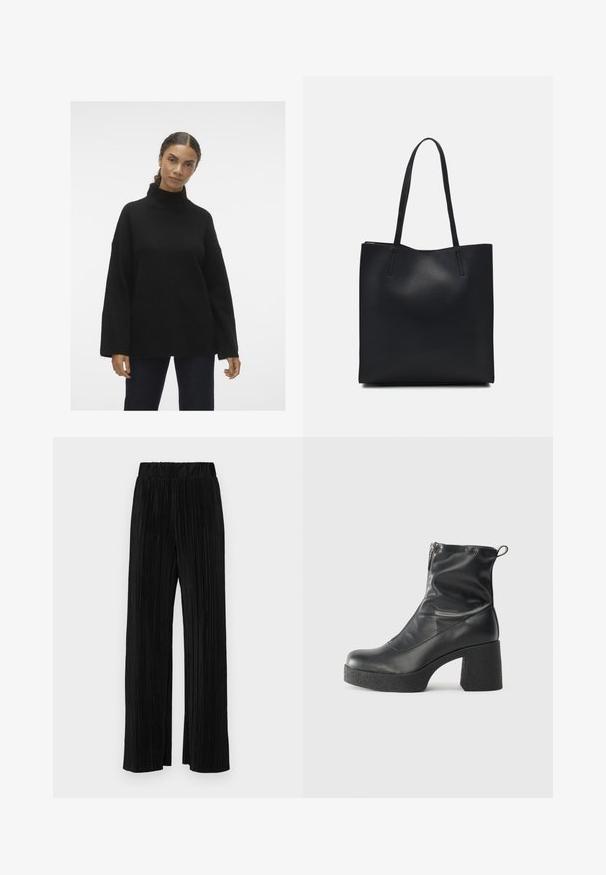 Čierny pletený rolák s širokými rukávmi a rebrovanými manžetami, so soft štruktúrou a voľným strihom, nosený cez tmavé džínsy.; Čierne plisované nohavice s elastickým pásom. Majú široké nohavice a hladkú, textúrovanú látku s vertikálnymi pruhmi.; Čierne členkové topánky z hladkej kože, so bočným zipsom, robustnou textúrovanou pätnou časťou a zaobleným dizajnom špičky.; Čierna kožená taška na rameno s hladkým povrchom, obdĺžnikovým tvarom a dvoma dlhými uchami. Bez viditeľného kovania alebo ozdôb.