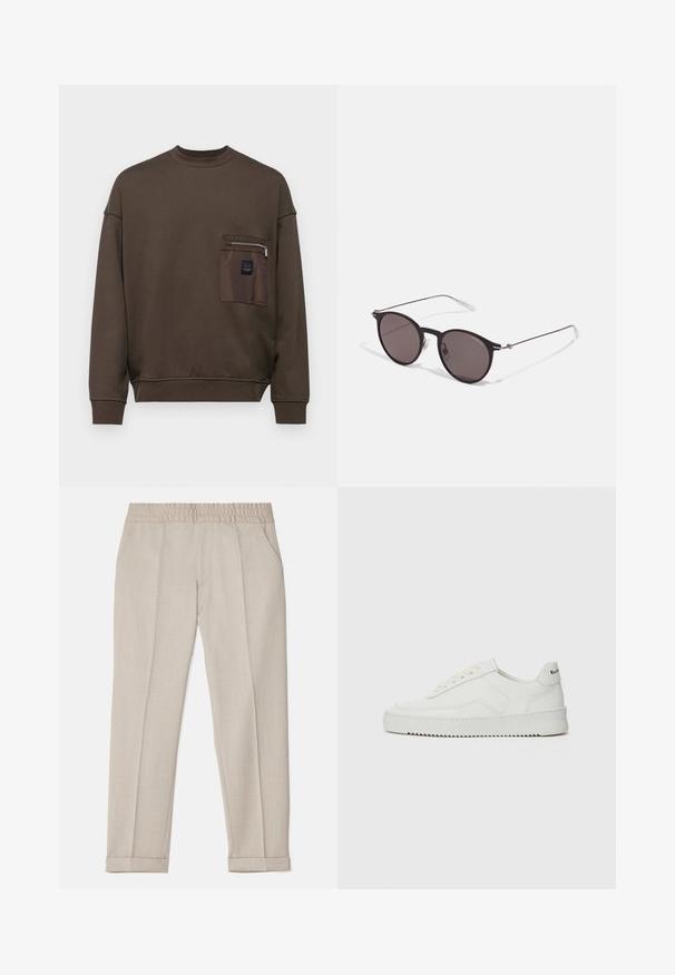 Armani Exchange Pusa - black olive; Filippa K TERRY CROPPED TROUSERS - Püksid - sage melange; Valge nahast tennis, millel on sile põhi, ümar varvas, lamedad nöörid ja tekstuuriline tall. Sisaldab diskreetset logo kontsaribal.; Mustad mustad prillid tumedate läätsedega ja õhukeste metallist käepidemetega. Kaarja kujuga seljaosa ja hõbedased aktsendid hingel. Minimalistlik disain.