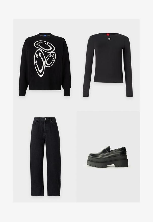 Pull noir en maille avec un design graphique blanc comportant des formes circulaires et les lettres "HGO". Les poignets et l'ourlet côtelés accentuent la structure.; Chemise noire à manches longues en tissu lisse. Présente un col ras du cou et un petit logo argenté sur la poitrine. Design minimaliste.; Jean en denim noir taille haute et jambe droite, avec cinq poches, rivets en métal et coutures ton sur ton. Texture lisse, design minimaliste.; Mocassins en cuir noir avec une semelle plateforme épaisse. Bout arrondi, détail de couture sur le devant et accents de surpiqûres subtils. Semelle plate et texturée.