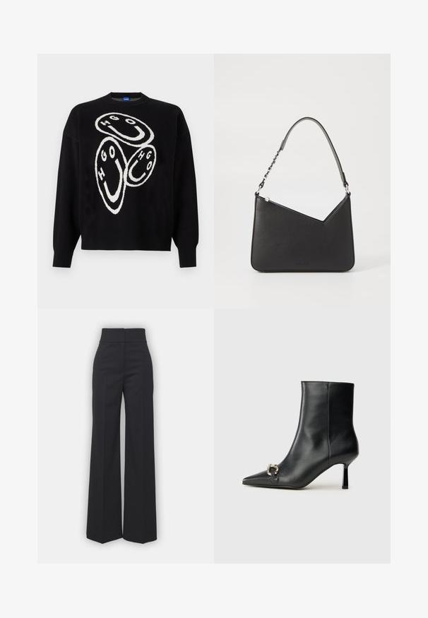 Sort striktrøje med hvid grafikdesign, der viser cirkulære former og bogstaverne "HGO." Ribbet manchetter og søm fremhæver strukturen.; Bredbenede bukser i sort stof med høj talje, der har en ren finish og glat tekstur. Ingen synlige detaljer eller mønstre.; Sort læder ankelstøvle med spidse tæer, slank hæl i mellemhøjde og sølvspænde detaljer på siden mod en ensfarvet baggrund.; Sort læderhåndtaske i trekantet form med en slank rem og sølv hardware. Har lynlås-lukning og prægede logo på forsiden.