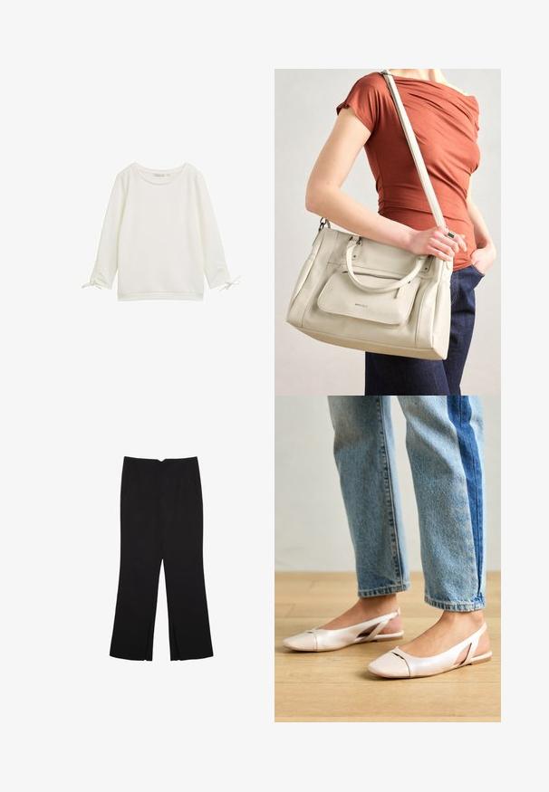Bílý dlouhý rukáv top s texturovaným povrchem, kulatým výstřihem a zavazováním na rukávech. Jednoduchý design s volným střihem.; Černé kalhoty s rovným střihem, s předními kapsami a bočními rozparky na lemu. Vyrobené z jemné, hladké tkaniny. Vhodné na různé příležitosti.; Světle růžové slingback baleríny s špičatou špičkou, vyrobené z hladkého koženému materiálu. Obsahují vystřihovací detaily po stranách a plochý podpatek.; Bílá kožená kabelka s dvojitými uchy a odnímatelným popruhem, která má přední zipovou kapsu a hladký povrch. Nese se na paži osoby.