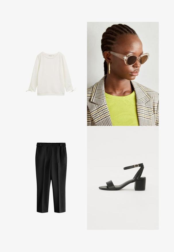 Balta ilgomis rankovėmis palaidinė su tekstūruota paviršiumi, apvalia iškirpte ir raišteliais rankovėse. Paprastas dizainas su laisvu siluetu.; Juodos kelnių šortai su laisvu kirpimu, elastinga juosmens juosta ir dviem priekinėmis kišenėmis. Medžiaga turi glotnų paviršių su šiek tiek blizgiu finišu.; Juodos aukštakulnės sandalai su lygiu odiniu viršumi, atvira nosimi, plačiomis priekinėmis dirželiomis ir reguliuojama kulkšnies juosta su auksiniu sagtimi.; Skaidrios katės akių saulės akiniai su ruda objektyvo spalva ir skaidriais rėmeliais. Modelis vilki žalią raštuotą viršutinę dalį ir languotą švarką. Auksinės apskritos auskarai.