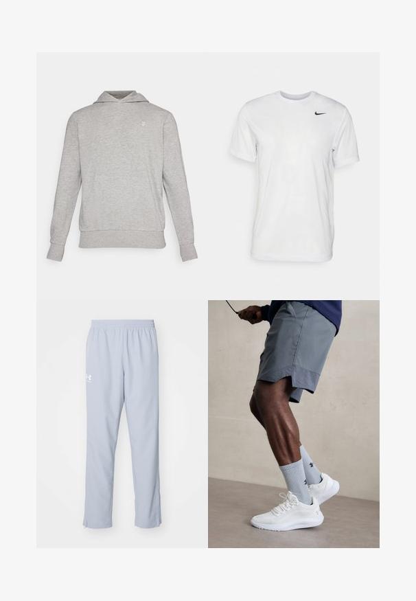 Šedá mikina s uvolněným střihem, vyrobená z měkké látky. Má klokaní kapsu, vroubkované manžety a malé logo nad kapsou.; Bílé tričko s krátkým rukávem vyrobené z hladkého materiálu. Má kulatý výstřih a malé černé logo Nike na levé straně hrudi.; Světle modré sportovní kalhoty s elastickým pasem, bočními kapsami a zipy na kotnících. Na levém stehně se nachází bílá logo.; Bílé sportovní boty s texturovaným síťovaným svrškem, spárované se světle modrými pruhovanými ponožkami s logem. Šedé sportovní šortky s perforovaným lemem.