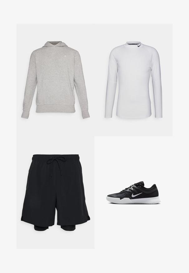 Szürke kapucnis pulóver, laza szabással, puha anyagból készült. Kanguruzsebe van, bordázott mandzsettákkal, és egy kis logó található a zseb felett.; Hosszú ujjú, fehér sportpóló sima, rugalmas anyagból. Magas nyakkivágással rendelkezik, és a gallérján fekete Nike logó található.; Fekete sportos rövidnadrág, könnyű anyagból készült, elasztikus derékpánttal és zsinórral, valamint a testhez simuló bélésrövidnadrággal.; Fekete sportcipő texturált felsőrésszel, fehér Nike logóval és fehér gumitalppal. Fűzős kialakítással és dinamikus formával rendelkezik.