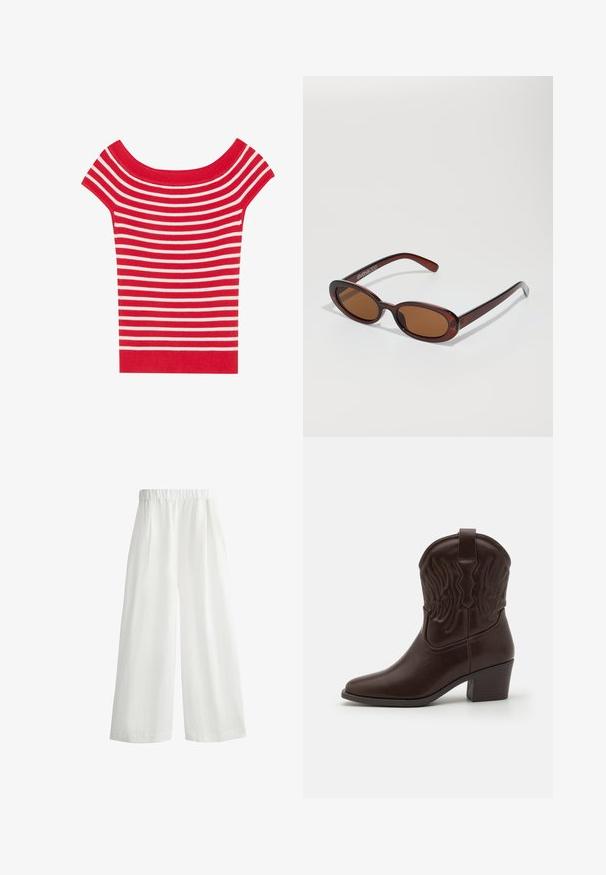 Short-sleeve, off-the-shoulder top in red and white horizontal stripes, made of ribbed knit fabric with a fitted design.; White, wide-leg pants with an elastic waistband, featuring front pleats and a lightweight, textured fabric.; Brown leather cowboy boots featuring pointed toes, embossed wing patterns, a mid-height block heel, and a pull tab at the back.; Round, brown-tinted sunglasses with a glossy burgundy frame. Slim arms with subtle branding detail. Flat lens design.
