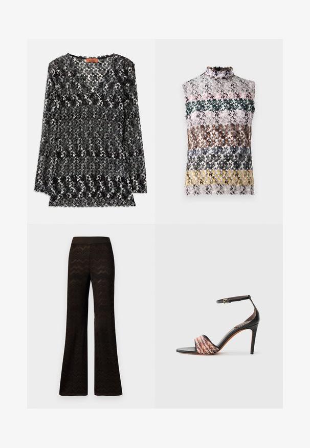 Top en dentelle noir et blanc avec un décolleté en V, des manches longues et un motif floral avec des textures délicates et des bords festonnés.; Top sans manches avec un col froncé haut, présentant des rayures horizontales de dentelle florale multicolore en rose, vert, marron et jaune.; Pantalons larges noirs avec un motif en tricot zigzag et une taille élastique, présentés sur un fond blanc uni.; Sandale noire à talons avec une bride de cheville. Dotée d'une bande en tissu texturé et multicolore sur le bout. Fini en cuir lisse.