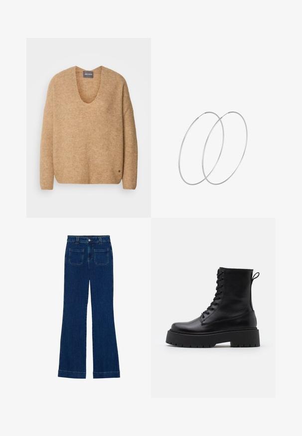 Bežinė megzta megztinis su plačia V formos iškirpte ir kritinėmis pečių linijomis. Jis turi minkštą tekstūrą ir mažą logotipo detalę apatiniame kairiajame šone.; Tamsiai mėlynos džinsinės flared kelnės su lygiu paviršiumi, penkių kišenių dizainu ir mygtuko uždarymu ties juosmeniu.; Juodos odinės aulinukės su apvalia nosimi, raišteliais priekyje ir storesniu guminio pado apačioje su tekstūruotu raštu. Priekyje yra kilputė.; Sidabrinės pusmėnulio auskarai minimalistiniu dizainu. Apskritimo forma, lygus paviršius ir plonas profilis. Lengvi su poliruotu apdailu.