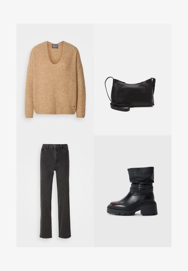 Beige gebreide trui met een brede V-hals en een drop shoulder. Het heeft een zachte textuur en een klein logo-detail aan de onderkant links.; Zwarte denim jeans met een rechte pasvorm, hoge taille, vijf zakken en een knoopsluiting. Het materiaal heeft een lichte structuur, zonder zichtbare patronen.; Zwarte leren enkelboot met een slappe schacht, gespsluiting en een dikke, robuuste zool. Beschikt over een ronde neus en een gladde textuur.; Zwarte leren schoudertas met een gladde textuur, gebogen vorm, verstelbare schouderband en een ritsafsluiting. Minimalistisch ontwerp zonder versieringen.