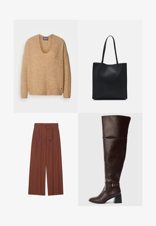 Bež kudumisega sviiter, millel on lai V-kaelus ja langevad õlavarre. Sellel on pehme tekstuur ja väike logo detail vasakul allnurgas.; Küljed on laiad pruunidest kangast püksid, millel on ruudukujuline pandla ja pleeditud disain, samuti sile tekstuur.; Tumepruun kuni kõrge saapad plokknõela ja dekoratiivse rihmamustriga külgedel, esitatud selge heleda taustaga.; Mustast nahast kott sujuva tekstuuriga, ristkülikukujuline ja kahe pika sangaga. Pole nähtavat riistvara ega kaunistusi.