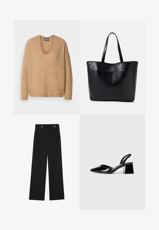 Beige knit sweater featuring a wide V-neck and drop shoulders. It has a soft texture and a small logo detail at the bottom left side.; Black wide-leg trousers with high waist, button details on waistband, and front pleats.; Black patent leather slingback heels with a pointed toe and a geometric block heel. Features a sleek, minimal design and smooth texture.; Black leather tote bag with two long handles, a smooth texture, and a structured shape. Features a front pocket for additional storage.