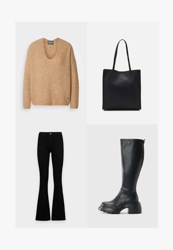 Bežinė megzta megztinis su plačia V formos iškirpte ir kritinėmis pečių linijomis. Jis turi minkštą tekstūrą ir mažą logotipo detalę apatiniame kairiajame šone.; Juodos aukšto liemens džinsai su mygtuku ir užtrauktuku, priekinėmis kišenėmis ir platėjančiomis kojomis, išdėstyti ant baltos fono.; Ilgas juodos odinės batai su masyvi platforma ir stačiakampiu kulnu, turintys traukimo kilpą ir tekstūruotą pado raštą.; Juodas odinis tote krepšys su lygia tekstūra, stačiakampio formos ir dviem ilgais rankenomis. Matomų metalinių detalių ar puošybos nėra.