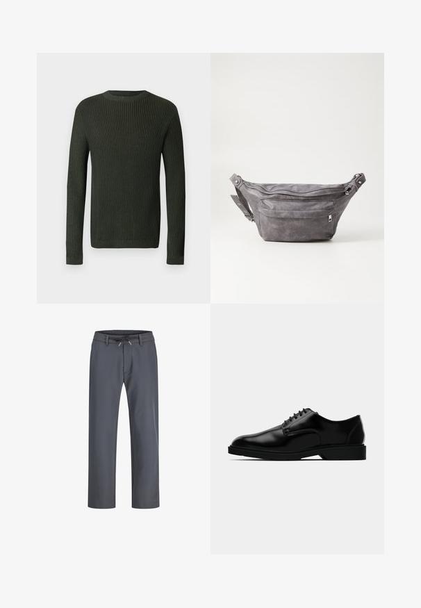 Sötétzöld bordázott, hosszú ujjú kerek nyakú pulóver, enyhén texturált kötött mintával, világos háttéren.; Szürke, elasztikus derékpánttal ellátott nadrág, amely húzózsinórral készült. Egyenes szárú kialakítás, sima anyagból, minimális varrásokkal és látható hardver nélkül.; Fekete bőr frakkcipő sima felülettel, kerek orral, fűzős kialakítással és visszafogott gumitalppal a tapadás érdekében.; Szürke velúr övtáska kerek formával, két cipzáras rekesszel és állítható pánttal. Fém dekorációval rendelkezik.