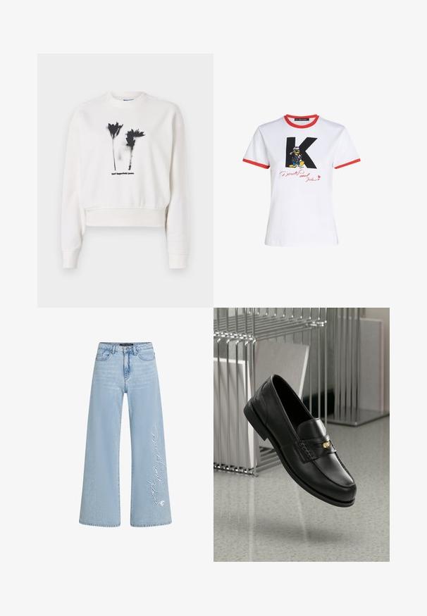 Vit kortärmad sweatshirt med svart blommönster och texten "karl lagerfeld jeans". Mjukt material med ribbade muddar och halsringning.; Vit bomullströja med röd halsringning och ärmslut. Har en svart 'K' och en Donald Duck-grafik med en signatur i rött.; Ljusblå vida jeans i denim med broderad text "Donald och Daisy" på vänster ben. Har klassisk femfickdesign och bälteshällor.; Svarta läderloafers med en slät yta, prydda med ett dekorativt band och en liten guldfinish. Sulan är platt med en rundad tå.