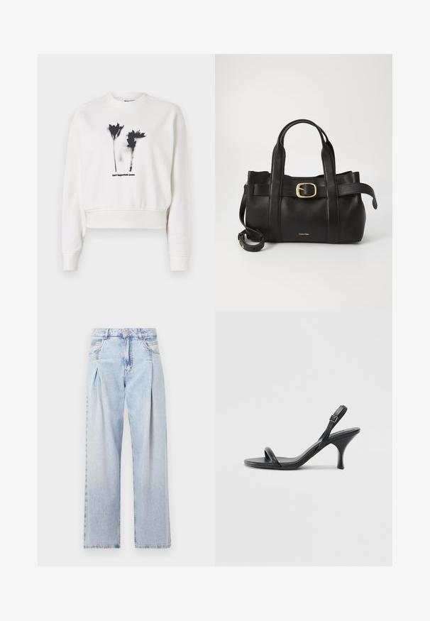 White cropped sweatshirt featuring black floral graphic print and "karl lagerfeld jeans" text. Soft material with ribbed cuffs and neckline.; Light blue denim jeans with a high waist, wide-leg cut, two side pockets, and pleated design feature. Soft texture with a faded finish.; Black leather high-heeled sandals with a slim, curved heel and a crossed strap design. Adjustable ankle strap. Smooth texture.; Black leather handbag featuring a structured design, dual top handles, gold-tone buckle accent, and embossed brand logo at the front.