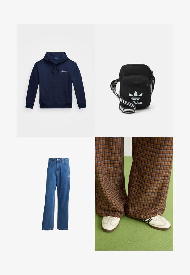 Sweatshirt azul-marinho feito de uma mistura de algodão, com um bolso frontal tipo pouch, capuz com cordão e logótipo bordado no lado esquerdo do peito.; Calças de ganga azul com cintura alta e perna larga, com bolsos frontais, passadores de cinto, fecho de botão e pequeno logótipo da Adidas na coxa direita.; Calças largas em padrão xadrez castanho e azul, combinadas com sapatos brancos com detalhes pretos e solas texturizadas, contra um fundo verde.; Sacolinha transversal de tecido preto com fecho de zíper, apresentando um logo da Adidas em branco e uma alça ajustável listrada para facilitar o transporte.