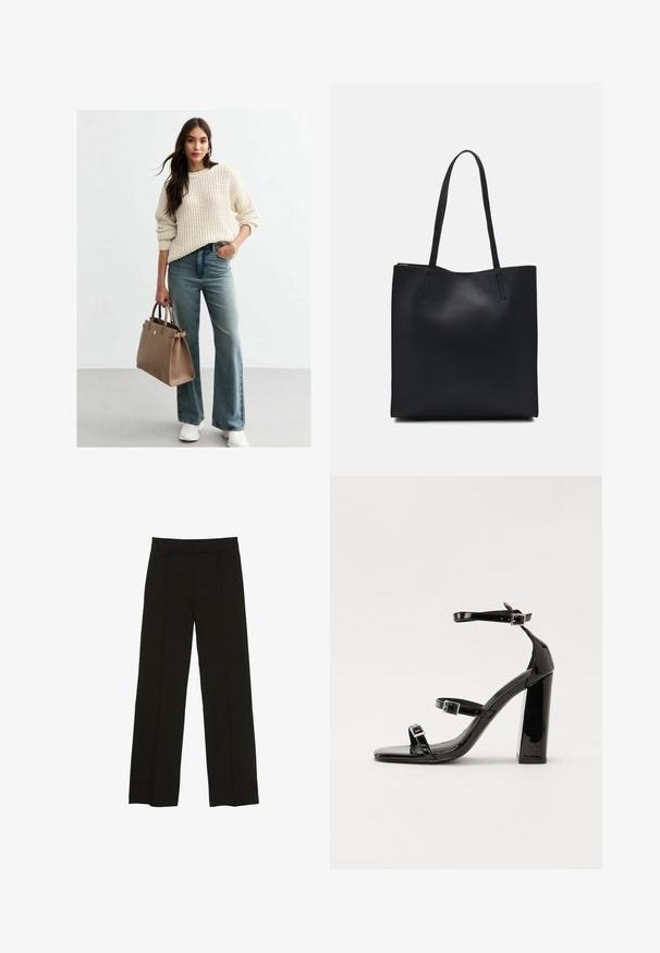 Crème-kleurige gebreide trui met een textuurpatroon, gecombineerd met lichtblauwe wijde jeans. Bruine leren handtas en witte sneakers.; Zwarte wijde pantalon gemaakt van een soepele stof, met een aansluitende tailleband en subtiele plooien aan de voorkant voor extra textuur.; Zwarte gepatenteerde sandalen met hak en een vierkante neus, enkelbandjes en zilveren gespen. Heeft een stevige blokhak voor stabiliteit.; Zwarte leren handtas met een gladde textuur, rechthoekige vorm en twee lange handvaten. Geen zichtbare hardware of versieringen.
