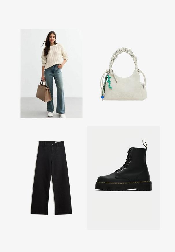 Crème-kleurige gebreide trui met een textuurpatroon, gecombineerd met lichtblauwe wijde jeans. Bruine leren handtas en witte sneakers.; Zwarte denim broek met wijde pijpen en een hoge taille, voorzien van voor- en achterzakken, gestikte naden en een knoopsluiting. Gladde textuur.; Zwarte leren veterlaarzen tot de enkel met een stevige, geprofileerde rubberen zool en gele stiksels rond het voetbed.; Romige faux leren handtas met geplooide handvat, ritsvak en groene charme. Gladde textuur, ingetogen reliëflogo en strakke vormgeving.