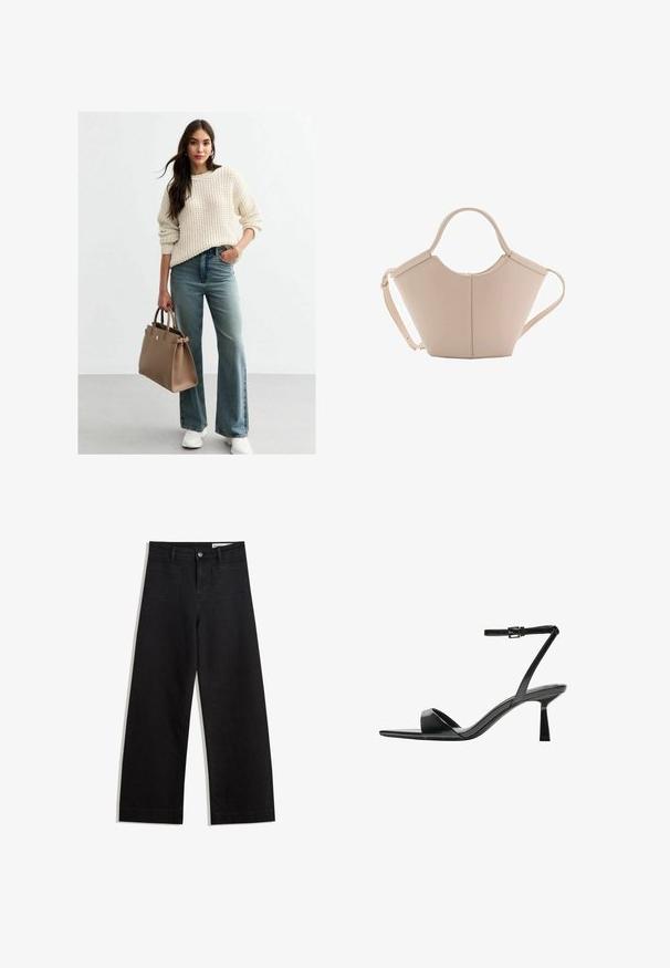 Krämfärgad stickad tröja med ett strukturerat mönster, kombinerad med ljusblå vida jeans. Brun läderhandväska och vita sneakers.; Svarta vida denimbyxor med hög midja, med fram- och bakfickor, sydda sömmar och knappstängning. Slät textur.; Bershka Sandaletter - black; Beige läderhandväska med en unik form, med två korta handtag och ett långt justerbart axelband. Slät textur med minimal hårdvara.