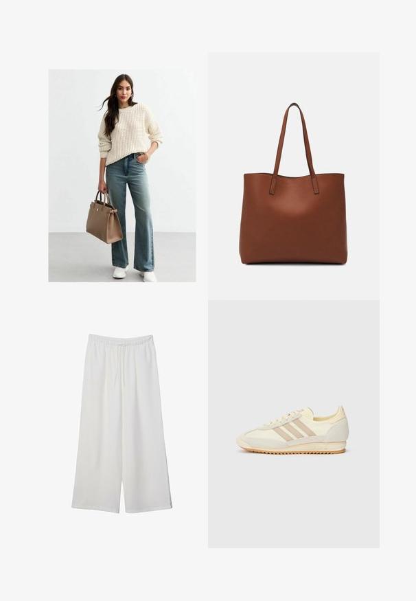 Krämfärgad stickad tröja med ett strukturerat mönster, kombinerad med ljusblå vida jeans. Brun läderhandväska och vita sneakers.; Vita vida byxor i lätt tyg med elastisk midja och dragsko för justerbar passform. Mjuk textur.; Krämfärgade atletiska sneakers med tre beige ränder, i mocka och textilmaterial, med en texturerad sula och präglad logotyp på hälen.; Brun läder tote-väska med en slät textur, öppen toppdesign och två axelremmar. Har minimal söm och ingen synlig metalldetalj.