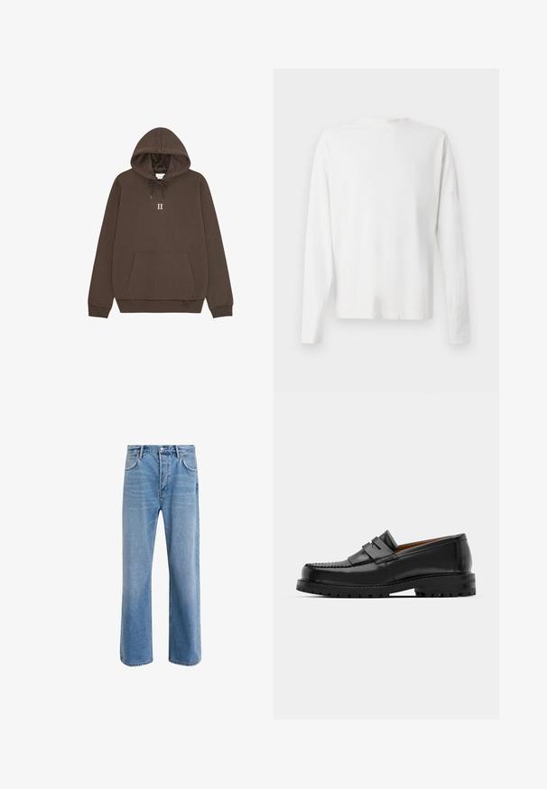 Sudadera marrón con un bolsillo canguro, capucha con cordón y un "II" centrado en texto blanco. Material de algodón con una textura suave.; Camisa de algodón blanca de manga larga con cuello redondo, aberturas laterales en la parte inferior y una textura suave, exhibida desde la parte de atrás.; Jeans de mezclilla azul claro con un diseño de pierna recta, cinco bolsillos, cierre de botón, ligeramente desgastados y detalles de costura en contraste.; Los mocasines de cuero negro presentan una costura elevada, dos correas decorativas en la parte superior y una suela gruesa y texturizada para mayor agarre.
