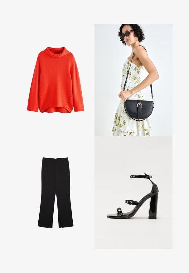 Červený pletený sveter s vysokým žebrovaným golierom, spustenými ramennými švami a mierne dlhším zadným lemom. Hladká štruktúra a voľný strih.; Čierne nohavice so strihom rovného strihu, s prednými vreckami a bočnými rozparkami na leme. Vyrobené z mäkkej, hladkej tkaniny. Vhodné na rôzne príležitosti.; Čierne lakované sandále na podpätku so štvorcovou špičkou, navlečenými remienkami okolo členku a striebornými prackami. Disponujú masívnym blokovým podpätkom pre stabilitu.; Čierna kožená kabelka s zaobleným tvarom, odnímateľným popruhom a zlatými doplnkami. Kabelka má klopu s detailom s prackou.