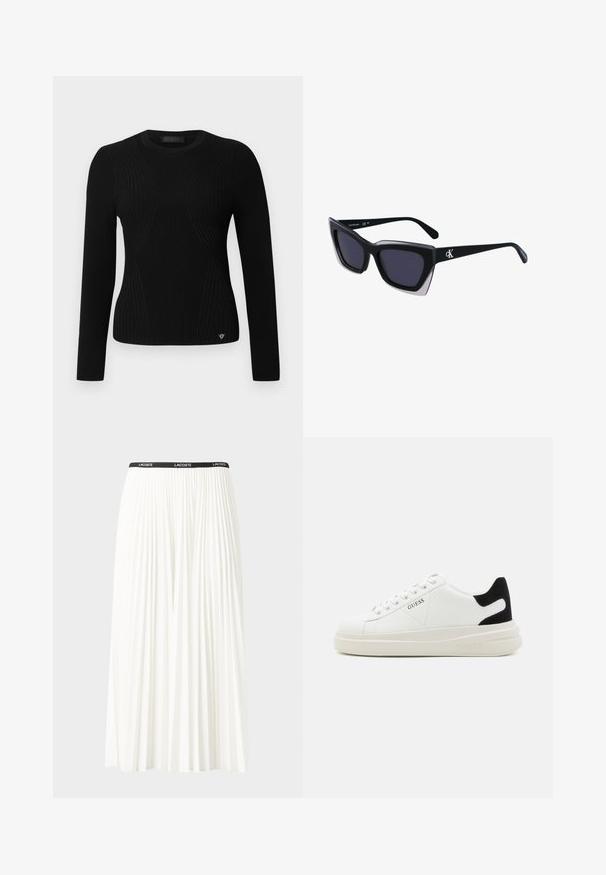 Pulover negru cu manșon lung, cu un design ajustat, decolteu rotund și cusături diagonale subtile; detaliu logo în partea inferioară din față.; Fustă plisată albă cu un brâu elastic negru, având logo-ul "LACOSTE". Design de lungime medie, cu textură moale.; Adidași din piele albă cu o talpă groasă albă, accent de călcâi din suede negru și logo embosat pe lateral. Design cu șireturi și șase orificii.; Ochelari de soare supradimensionați, negri, cu o formă geometrică, având lentile întunecate și un detaliu gri contrastant pe ramă. Logo pe braț.