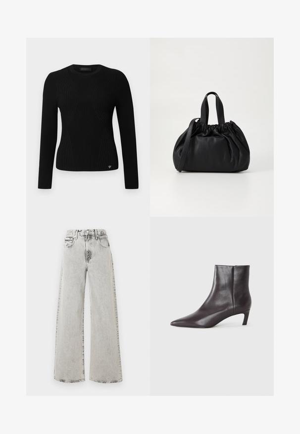 Czarny sweter z długim rękawem i prążkowanym wzorem, charakteryzujący się dopasowanym krojem, okrągłym dekoltem oraz subtelnymi ukośnymi szwami; detal z logo na dolnej części przodu.; Dżinsy o szerokich nogawkach w jasnoszarym denimu, z wyblakłym nadrukiem, przednimi kieszeniami i zapięciem na guziki. Projekt jest luźny i przestronny.; Czarne skórzane botki za kostkę z ostrym noskiem i niskim obcasem typu kitten heel, gładkie wykończenie, z bocznym zamkiem, zaprezentowane na neutralnym tle.; Czarna skórzana torebka z zebranym wykończeniem, z dwoma krótkimi uchwytami i długim regulowanym paskiem. Gładka tekstura, zaokrąglony kształt.