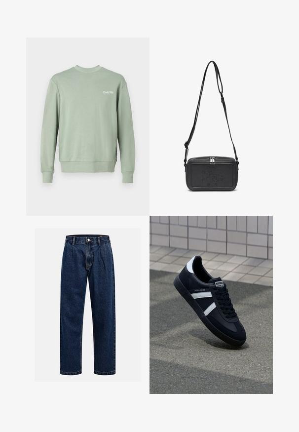 Felpa verde chiaro realizzata in tessuto morbido, dotata di colletto a girocollo, maniche lunghe, polsini a costine e con la scritta "Club1990" stampata sul petto.; Jeans in denim blu scuro con design a gamba dritta. Presentano cuciture visibili, una chiusura con bottone e pieghe frontali per un tocco di dettaglio in più.; Sneaker neri in pelle con strisce bianche, suola in gomma texturizzata e allacciatura frontale. Presenta un'etichetta con il marchio sulla linguetta.; Borsa a tracolla nera in pelle con chiusura zip, logo impresso sul davanti e tracolla regolabile. Texture liscia con forma rettangolare.