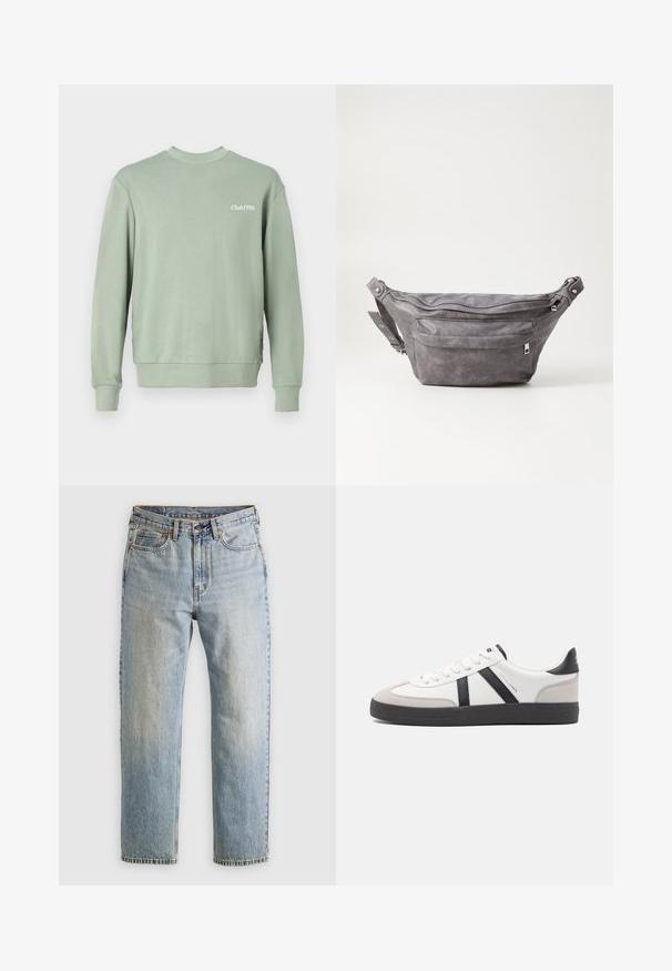 Világoszöld pulóver, puha anyagból készült, kerek nyakkivágással, hosszú ujjakkal, bordázott mandzsettával, és a mellkason "Club1990" felirattal.; Világoskék farmernadrág magas derékkal, elülső gombbal, cipzárral és öt zsebbel, sima háttérre fektetve.; Fehér sneaker fekete és szürke részletekkel, textúrált szürke orr résszel, fekete gumitalppal és lapos fehér fűzőkkel. Tiszta dizájn, minimalista stílus.; Szürke velúr övtáska kerek formával, két cipzáras rekesszel és állítható pánttal. Fém dekorációval rendelkezik.