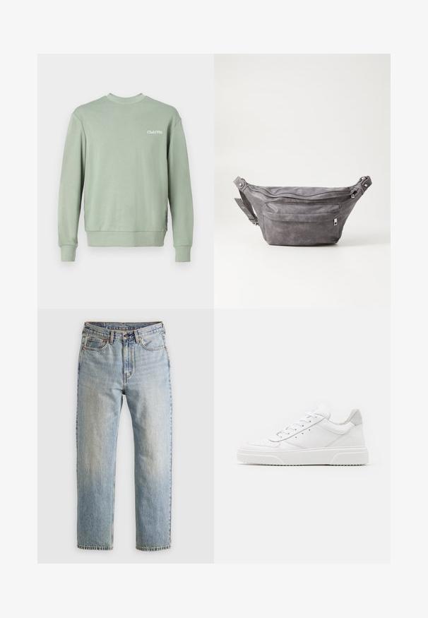 Světle zelená mikina vyrobená z měkké tkaniny, s kulatým výstřihem, dlouhými rukávy, žebrovanými manžetami a potiskem "Club1990" na hrudi.; Svetle modré džíny z denimu s vysokým pasem, předním knoflíkem, zipem a designem s pěti kapsami, ležící rovně na neutrálním pozadí.; Bílé kožené tenisky s hladkým povrchem, zaoblenou špičkou, plochými tkaničkami a texturovanou podrážkou. Šedý semišový detail na patě.; Šedý semišový ledvinka s kulatým tvarem, dvěma zipovými přihrádkami a nastavitelným popruhem. Obsahuje kovové akcenty.