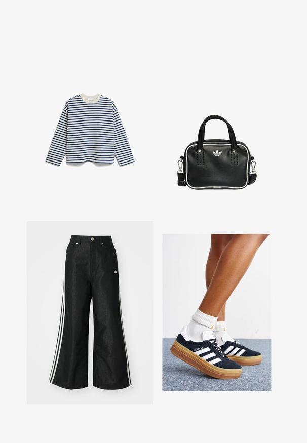 Maglietta a maniche lunghe con righe orizzontali blu navy e bianche, collo a giro, realizzata in tessuto morbido con una vestibilità rilassata.; Pantaloni in denim neri a gamba larga con tre strisce bianche su ciascun lato e un piccolo logo bianco. Presentano tasche frontali e chiusura con bottone.; Sneakers in pelle scamosciata nera con strisce e dettagli bianchi, punta arrotondata, suola in gomma color gomme, abbinate a calzini bianchi a coste alla caviglia.; Borsa a mano in pelle nera con due manici corti, hardware argentato, dettagli bianchi e un logo bianco. Presenta una superficie strutturata e un design compatto.