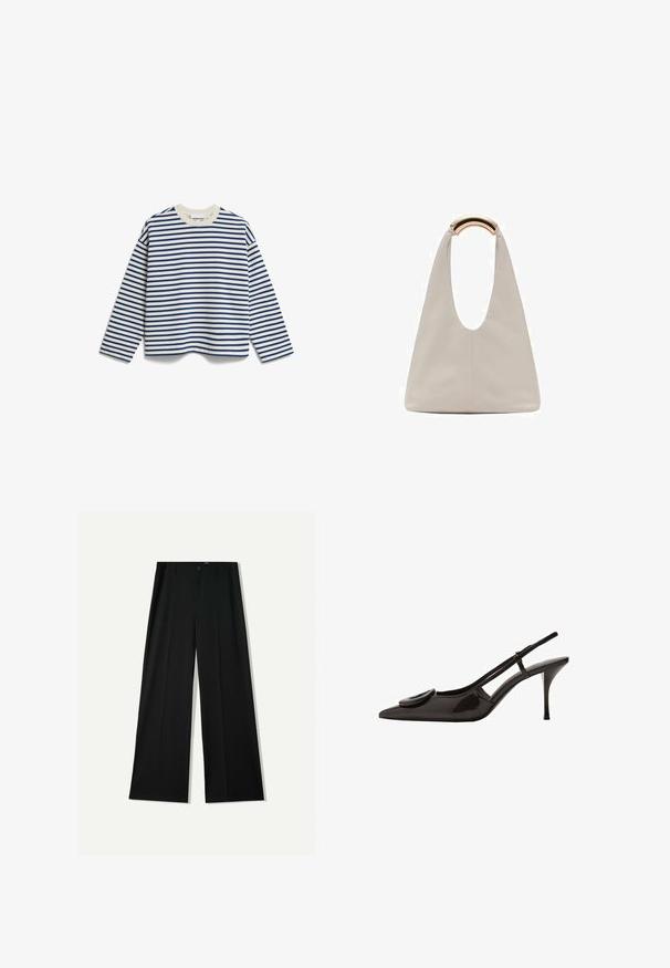 Maglietta a maniche lunghe con righe orizzontali blu navy e bianche, collo a giro, realizzata in tessuto morbido con una vestibilità rilassata.; Bershka WIDE - Pantaloni - black; Scarpa slingback in pelle verniciata nera con punta appuntita, design minimalista, piccolo dettaglio rotondo sulla tomaia e tacco sottile.; Borsa in pelle grigio chiaro con design a forma di U e manico metallico curvo. Texture liscia con cuciture minime e senza motivi visibili.