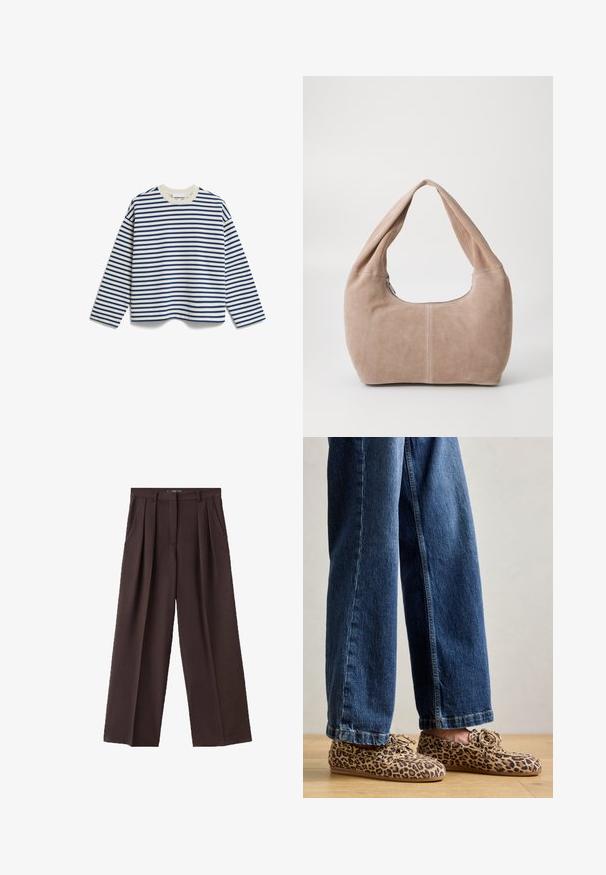 Langærmet skjorte med horisontale navy- og hvide striber, rund halsudskæring, lavet af blødt stof med en afslappet pasform.; Brune vide bukser lavet af tekstureret stof, med frontfolder, sidelommer og et klassisk taljebånddesign.; Læderloafers med leopardmønster, lavet af ruskind, med rund tå, snøre-design og flade, fleksible såler, parret med blå denim jeans.; Hobo taske lavet af blødt, suede materiale i en lys beige farve. Har en rund form med en bred rem og lynlås lukning.