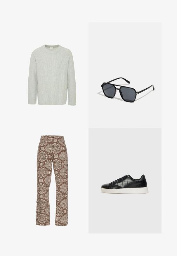 Maglione a coste grigio chiaro con scollatura a girocollo e maniche a tre quarti, caratterizzato da un motivo testurizzato e una vestibilità rilassata.; Pantaloni cargo marroni a fantasia con intricati disegni crema e marrone chiaro, dotati di tasche laterali e una vestibilità comoda.; Sneaker nere con una toma superiore in pelle con effetto croc embossato, punta rotonda e suola in gomma bianca a contrasto con una finitura liscia.; Occhiali da sole neri con montatura ottagonale, lenti scure, finitura lucida, aste sottili e dettagli dorati sul davanti.