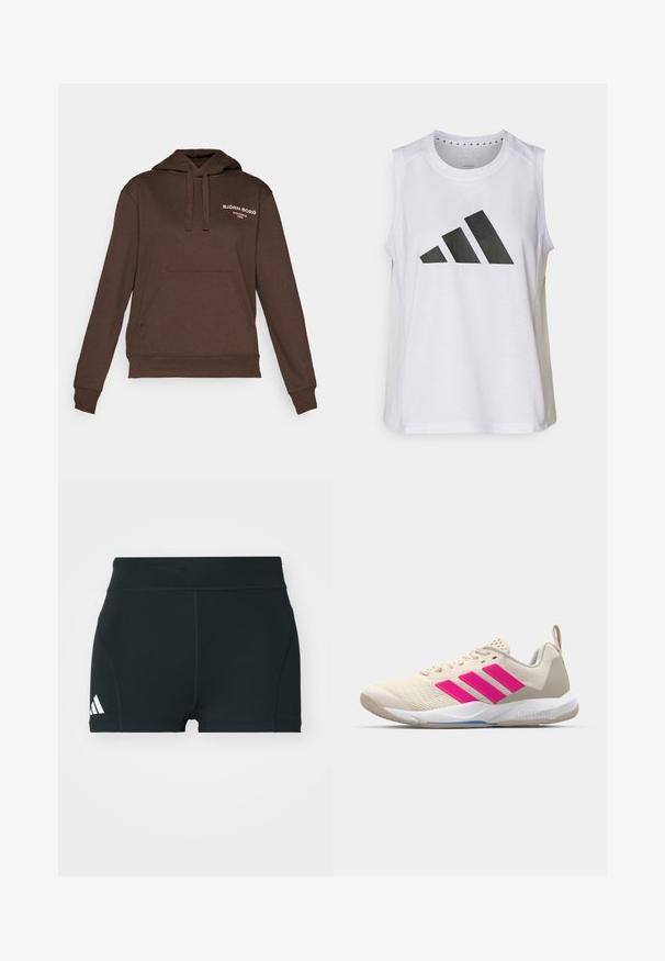 Rudas džemperis, pagamintas iš švelnios medžiagos, su kengūros tipo kišene, užtraukiama kapuce ir baltu siuvinėtu logotipu ant krūtinės.; Balta be rankovių sportinė palaidinė su apvaliu kaklu, priekyje puikuojasi didelis juodas Adidas logotipas, sudarytas iš trijų juostelių.; Juodi sportiniai šortai, pagaminti iš tamprios medžiagos, su aukštu juosmeniu, aptemptu siluetu ir baltu Adidas logotipu kairėje pusėje.; Bežiniai sportiniai bateliai su rožinėmis trimis juostomis, tekstūruota tinklelio viršutinė dalis, paminkštinta apykaklė ir balta guma neslystančia padu, turintys "LIGHTSTRIKE" prekės ženklą.