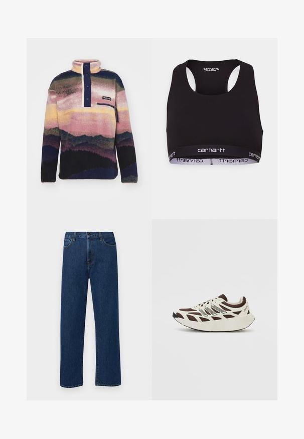Columbia HELVETIA - Felpa in pile - collegiate navy; Top sportivo nero con scollatura rotonda e design a corsetto. Caratterizzato da un cinturino rinforzato con il marchio "carhartt" in bianco. Tessuto morbido.; Jeans in denim di un blu scuro a gamba dritta con tasche anteriori e chiusura con bottone, esposti su uno sfondo bianco semplice.; Sneaker marrone e crema con tomaia in rete, sovrapposizioni testurizzate e una suola bianca spessa e arrotondata. Presenta una linguetta a profilo basso e lacci.
