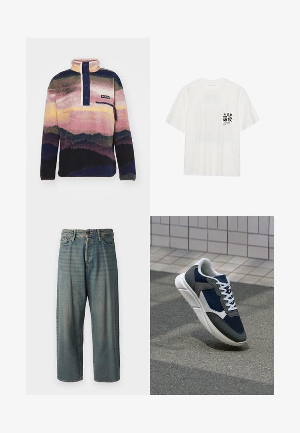 Columbia HELVETIA - Fliisdžemper - collegiate navy; Valge puuvillane T-särk lühikeste varrukatega. Esiküljel on must graafiline print vasakul rinnapiiril, kus on tekst ja kujundid, sealhulgas tähed.; Heledad sinine denim-stiilis teksad, volüümse lõike, keskmise kõrgusega talje ja sirgete säärega. Omab viit taskut, vöökumme ja nööpide sulgemist.; Sneaker, mille sinine võrkkangas, hallid nubukdetailid, valge kummitald ja lamedad valged paelad, disainitud mugavuseks ja hingavuseks.