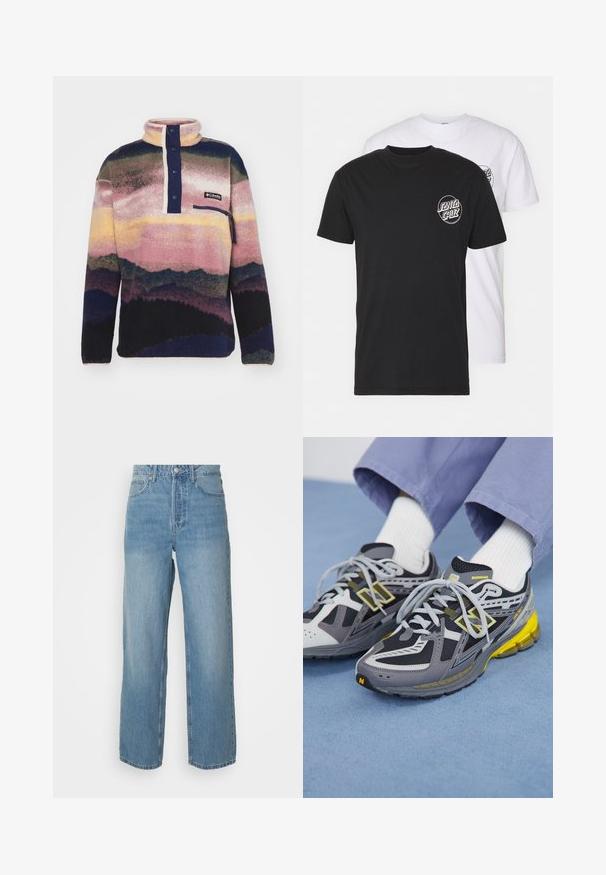 Columbia HELVETIA - Fleecetrøjer - collegiate navy; Pakke med to t-shirts: en sort og en hvid. Begge har korte ærmer og et cirkulært logo på brystet i kontrastfarve. Materialet er bomuld.; Højtaljede lyseblå denimjeans med lige ben, frontlukning med knap og fem-lomme stil på ensfarvet baggrund.; Grå og sorte løbesko har mesh og syntetisk materiale, med en tyk sål fremhævet af gule accenter og reflekterende detaljer.