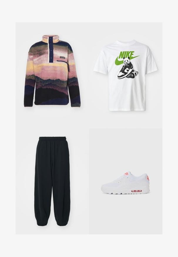 Columbia HELVETIA - Fleecetröja - collegiate navy; Vit bomull t-shirt med en svart-vitt panda grafik som håller en Nike-sko, med en grön Nike-logotyp ovanför.; Svarta, elastiska sweatpants med lös passform, mudd vid anklarna, slät textur och utan synliga mönster eller detaljer i metall.; Vit atletisk sneaker med en slät överdel, snörning, vadderad sula och en synlig luftenhet med röda detaljer på varumärket.