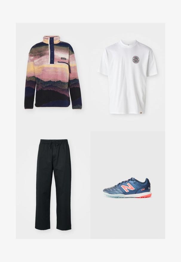 Columbia - Bluza z polaru; Biała bawełniana koszulka z okrągłym logo na klatce piersiowej. Okrągły dekolt, krótkie rękawy, luźny krój, z czerwonymi i czarnymi akcentami.; Converse - Spodnie materiałowe; Niebieskie syntetyczne korki piłkarskie z teksturowanym wykończeniem, z dużym białym i różowym logo "N", gumową podeszwą i jasnoniebieskimi akcentami.