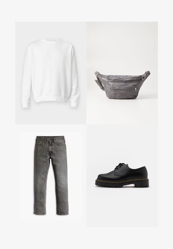 Bela majica s ovratnikom od mekane pamučne tkanine. Dugi rukavi, rebrasti manžeti i rub, gladak tekstur i minimalistički dizajn.; Sive kavbojke s ravno nogo, petimi žepi in medeninskimi dodatki za zapiranje in dekoracijo. Očitna je poškodovana tekstura.; Črne usnjene čevlje z vezalkami in zaobljenim nosom, z gumijastim podplatom in rumenim šivom okoli osnove. Ravna zasnova in gladka površina.; Sivkasta zamšasta torbica s okroglo obliko, dvema žepoma na zadrgo in nastavljivim trakom. Ima kovinske dodatke.
