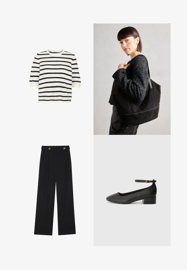 Lühikeste varrukatega sviiter pehmest, karvast kangast, millel on horisontaalsed mustad ja valged triibud, ringlõige ning lõdva istuvus.; Mustad laiad püksid kõrge vöökoha ja nööpdetailidega vööandil, esikortsudega.; Must mustaapp, millel on terav nina ja madal blokk-kand. Omab pahkluu rihma koos kuldse tooni pandlaga. Sile tekstuur.; Must mustriga mustekott, millel on sile tekstuur, struktureeritud kuju ja kontrastsed õmblused. Omab pikki rihmasid õlavarre kandmiseks.