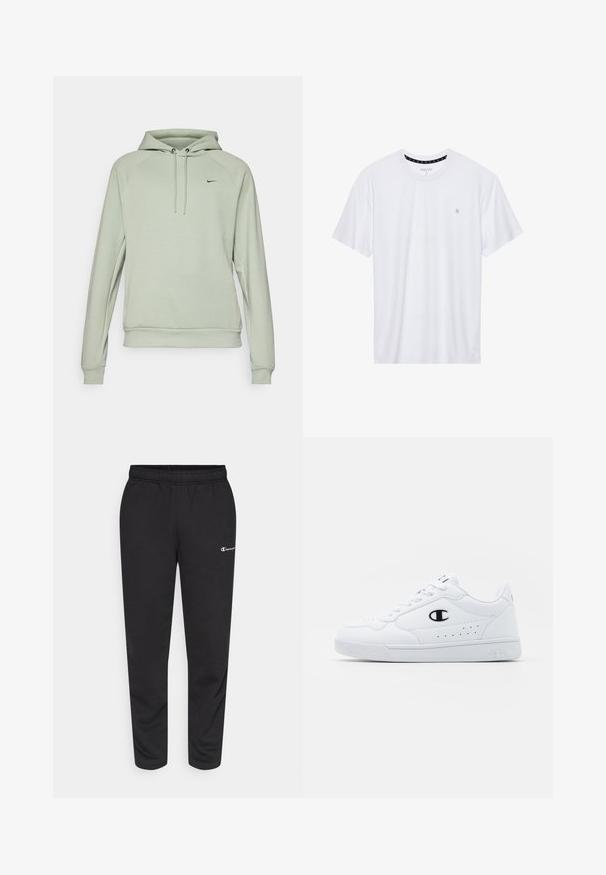 Hoodie verde claro com um bolso canguru, capuz com cordão e punhos canelados. Apresenta um pequeno logo preto da Nike no peito.; Camiseta branca de gola redonda feita de algodão, com mangas curtas e um pequeno logótipo bordado na área do peito esquerdo. Textura suave.; Calças de moletão pretas feitas de uma mistura de algodão, com um cós elástico e um pequeno logotipo branco no lado esquerdo. Design de pernas afuniladas.; Sapatilhas brancas de desporto com um cabedal sintético liso, detalhes em preto no logótipo e perfurações na lateral. Sola em borracha.