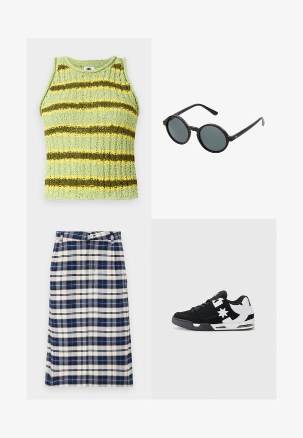Hellgrünes gestricktes ärmelloses Oberteil mit horizontalen dunkelgrünen und gelben Streifen, geripptem Textur und rundem Halsausschnitt.; Karierte Shorts in Marineblau, Weiß und Grau. Verfügt über eine gerade Silhouette, Knopfverschluss und eine subtile Textur mit Rautenmuster.; Schwarz-weißer Sneaker aus Wildleder- und Mesh-Materialien. Er zeigt ein auffälliges Sternlogo und kräftige Akzente an der Seite, mit einer gepolsterten Sohle.; Runde Sonnenbrillen mit einem schwarzen Kunststoffrahmen und dunkelgrauen Gläsern. Sie verfügen über dünne, gerade Bügel mit minimalistischen Akzenten.