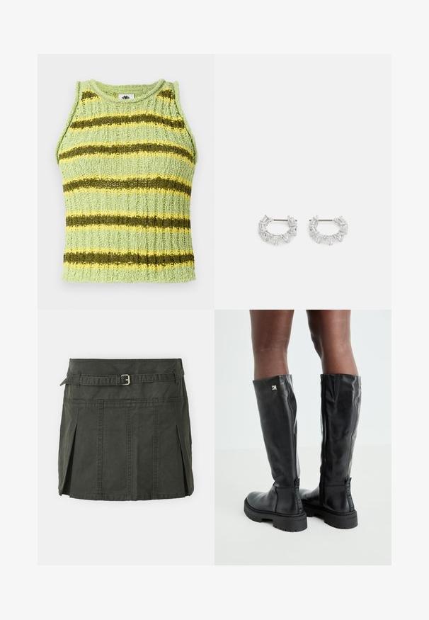 Un haut sans manches tricoté vert clair avec des rayures horizontales vert foncé et jaunes, texture côtelée et encolure ronde.; Jupe mini en coton vert foncé avec une taille cintrée, une ceinture et des plis sur le devant. Présente des détails de couture et une coupe classique.; Bottes noires en cuir montantes jusqu'aux genoux, avec une texture lisse, un bout arrondi, une semelle épaisse et une fermeture éclair. Présente un logo argent sur le côté.; Boucles d'oreilles en argent en forme de créoles avec des cristaux clairs, rectangulaires et triangulaires disposés en motif. Fermeture à tige pour un maintien sûr.