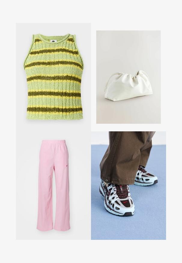 Top senza maniche di colore verde chiaro, lavorato a maglia, con righe orizzontali di colore verde scuro e giallo, texture a coste e scollo rotondo.; Pantaloni rosa con vita elastica e vestibilità rilassata. Presentano un logo rosso sul lato sinistro e una consistenza liscia e leggera.; Scarpe Nike con una combinazione di colori blu chiaro e marrone, realizzate in materiale mesh e gomma, con accenti rossi a contrasto e una suola texturizzata.; Borsa in faux leather bianca con design arricciato, chiusura con coulisse e superficie liscia. Forma curva con pieghe morbide e hardware minimale.