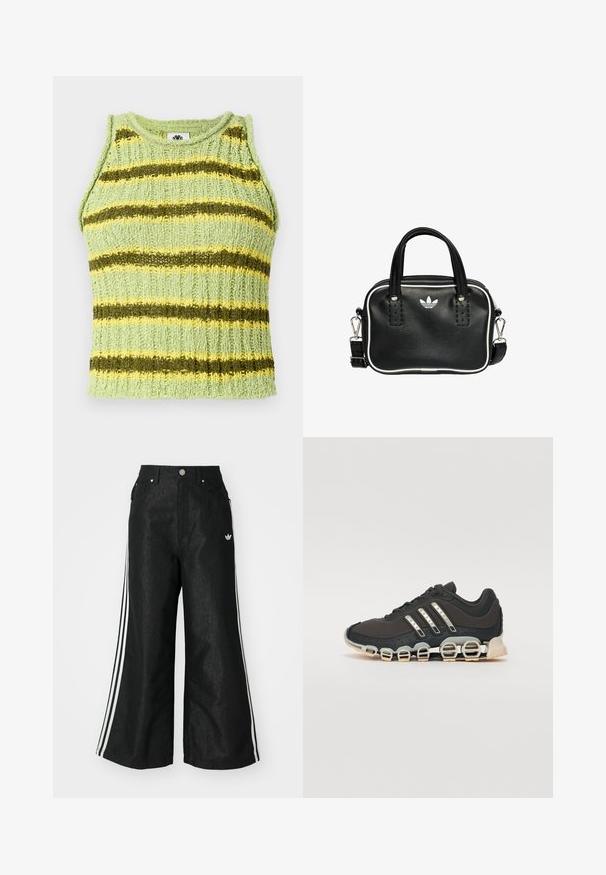 Světle zelený pletený bezrukávový top s vodorovnými tmavě zelenými a žlutými pruhy, žebrovanou texturou a kulatým výstřihem.; Černé široké džíny s třemi bílými pruhy po stranách a malým bílým logem. Obsahují přední kapsy a zapínání na knoflík.; Černá atletická bota s texturovaným svrškem, třemi stříbrnými pruhy a výraznou odpruženou podrážkou se spoustou integrovaných sekcí.; Černá kožená kabelka se dvěma krátkými uchy, stříbrným kováním, bílými detaily a bílým logem. Má texturovaný povrch a kompaktní design.