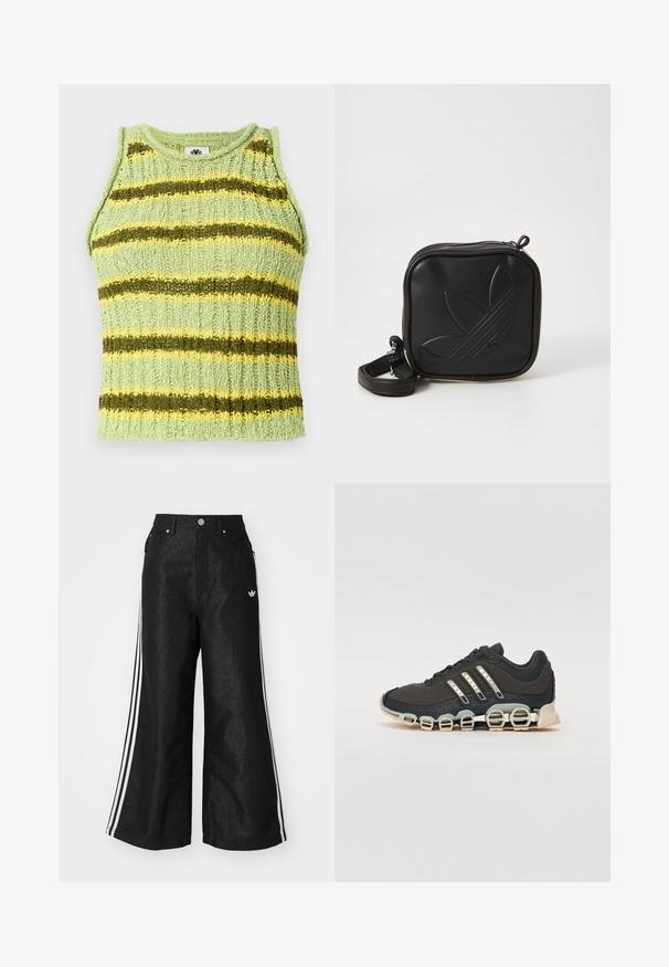Lichtgroene gebreide mouwloze top met horizontale donkergroene en gele strepen, geribbelde textuur en ronde halslijn.; Zwarte denim broek met wijde pijpen, voorzien van drie witte strepen aan elke zijkant en een klein wit logo. Heeft voorzakken en een knoopsluiting.; Zwarte sportschoen met een gestructureerde bovenkant, drie zilveren strepen en een kenmerkende dempingszool met meerdere geïntegreerde secties.; Zwarte vierkante crossbody tas van gestructureerd synthetisch materiaal. Met een reliëflogo ontwerp en een verstelbare schouderband. Ritssluiting.